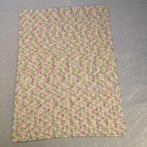 Hand made baby afghan blanket. Pink/green/blue/white. Hand made.